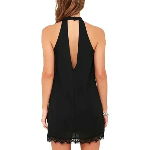 Lulus NWT M Black Slip Dress Lace Hem Halter Neck Romantic Goth Witchy Coquette - Picture 2 of 16